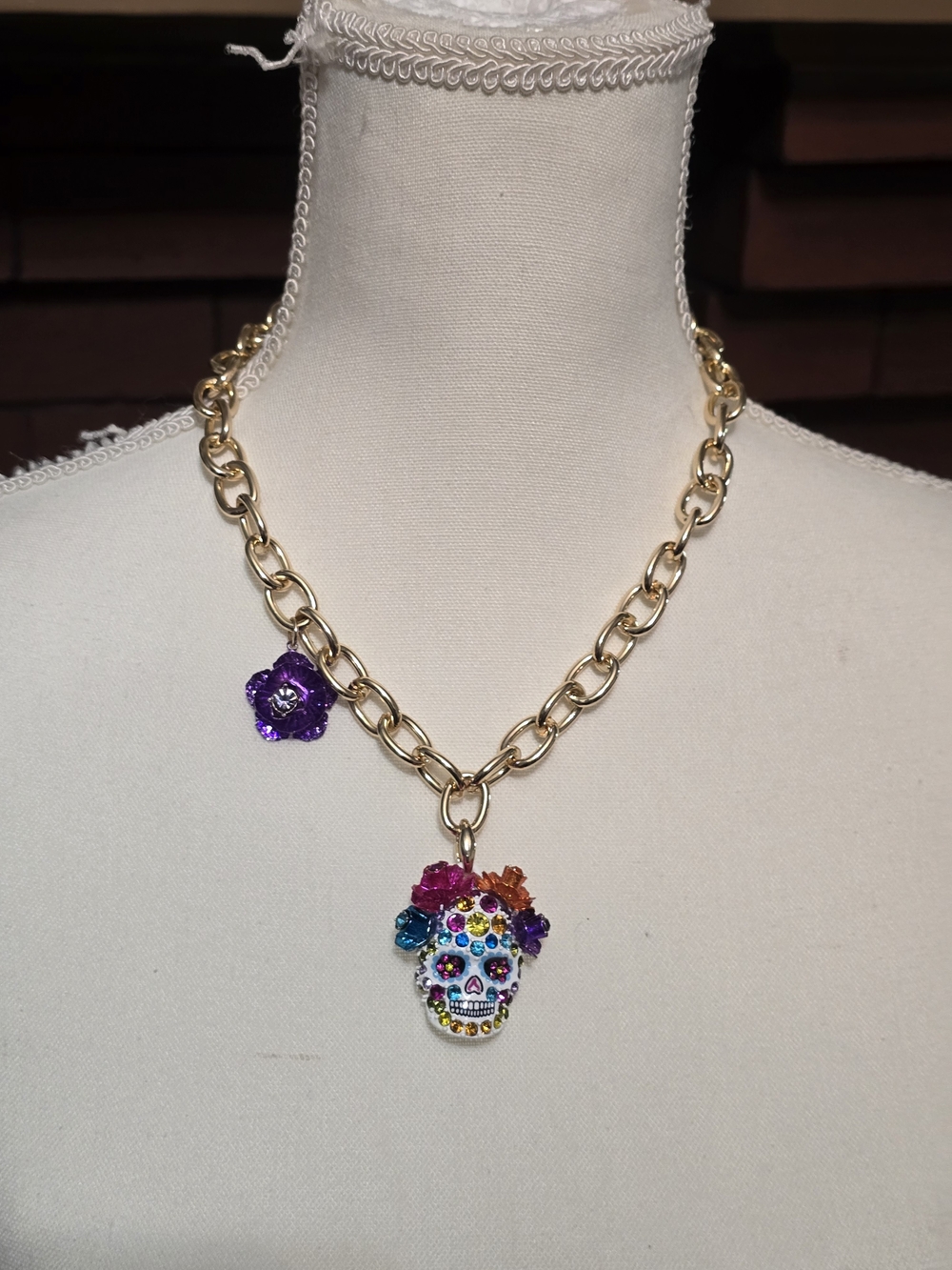 Betsey Johnson Gold Tone Multicolor Sugar Skull Charm Necklace